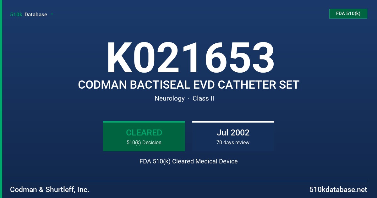 K021653 CODMAN BACTISEAL EVD CATHETER SET FDA 510(k) Cleared Medical Device
