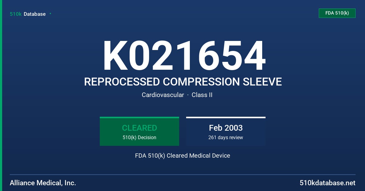 K021654 REPROCESSED COMPRESSION SLEEVE FDA 510(k) Cleared Medical Device