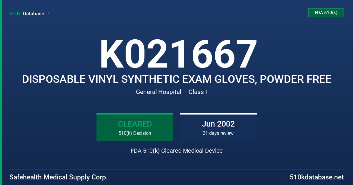 K021667 DISPOSABLE VINYL SYNTHETIC EXAM GLOVES, POWDER FREE FDA 510(k) Cleared Medical Device