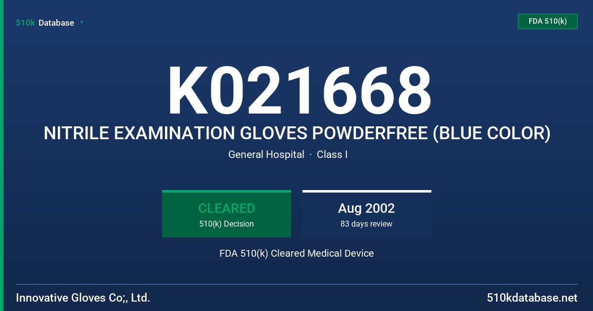 K021668 NITRILE EXAMINATION GLOVES POWDERFREE (BLUE COLOR) FDA 510(k) Cleared Medical Device