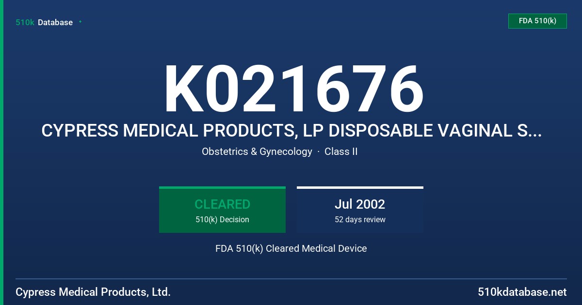 K021676 CYPRESS MEDICAL PRODUCTS, LP DISPOSABLE VAGINAL SPECULUM, NON-METAL FDA 510(k) Cleared Medical Device