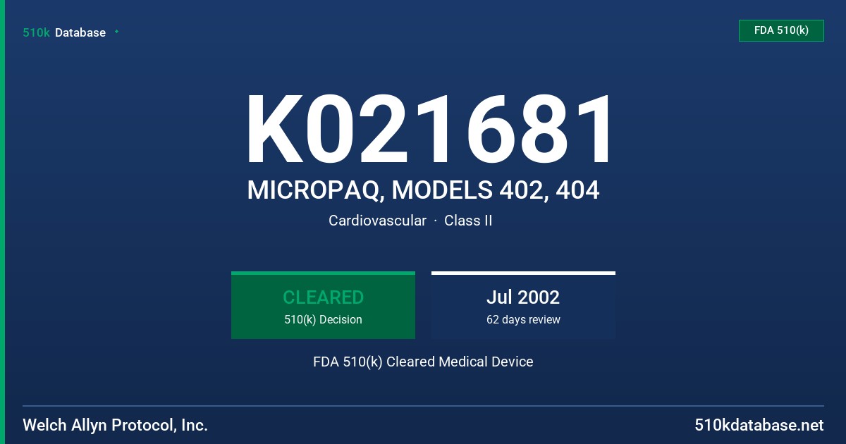 K021681 MICROPAQ, MODELS 402, 404 FDA 510(k) Cleared Medical Device