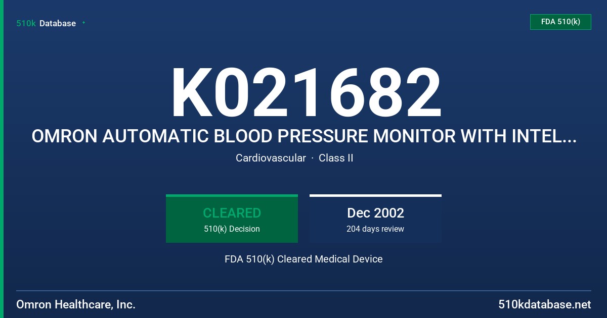K021682 OMRON AUTOMATIC BLOOD PRESSURE MONITOR WITH INTELLISENSE, MODELS HEM-773, HEM-773AC FDA 510(k) Cleared Medical Device