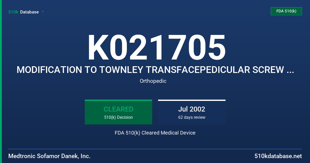 K021705 MODIFICATION TO TOWNLEY TRANSFACEPEDICULAR SCREW FIXATION SYSTEM FDA 510(k) Cleared Medical Device