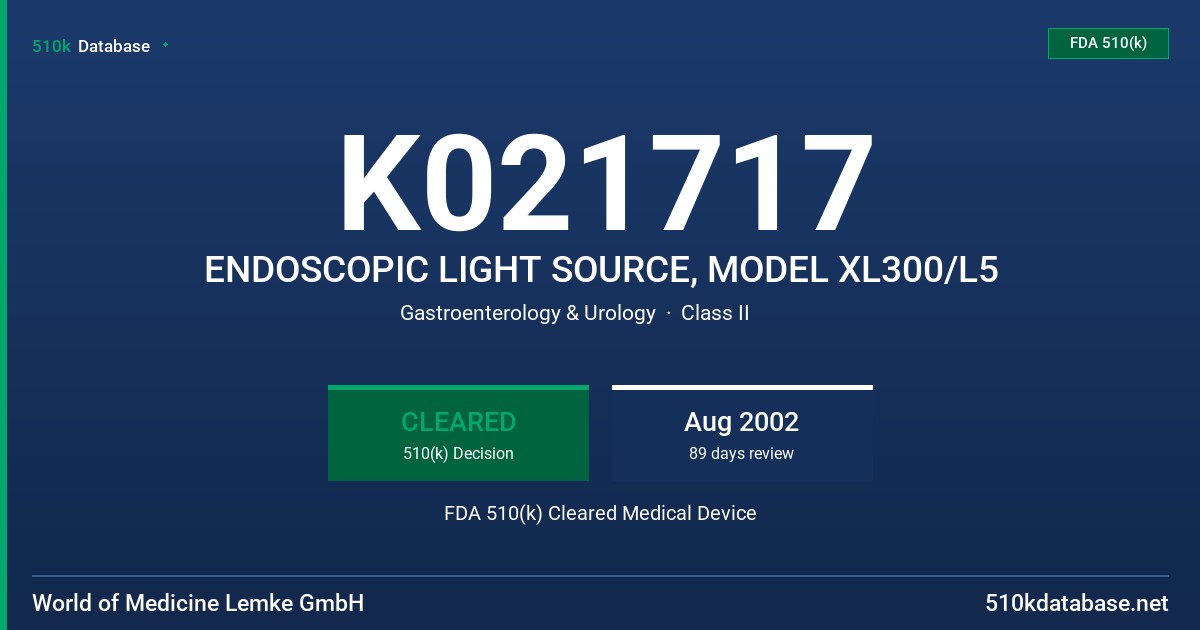 K021717 ENDOSCOPIC LIGHT SOURCE, MODEL XL300/L5 FDA 510(k) Cleared Medical Device