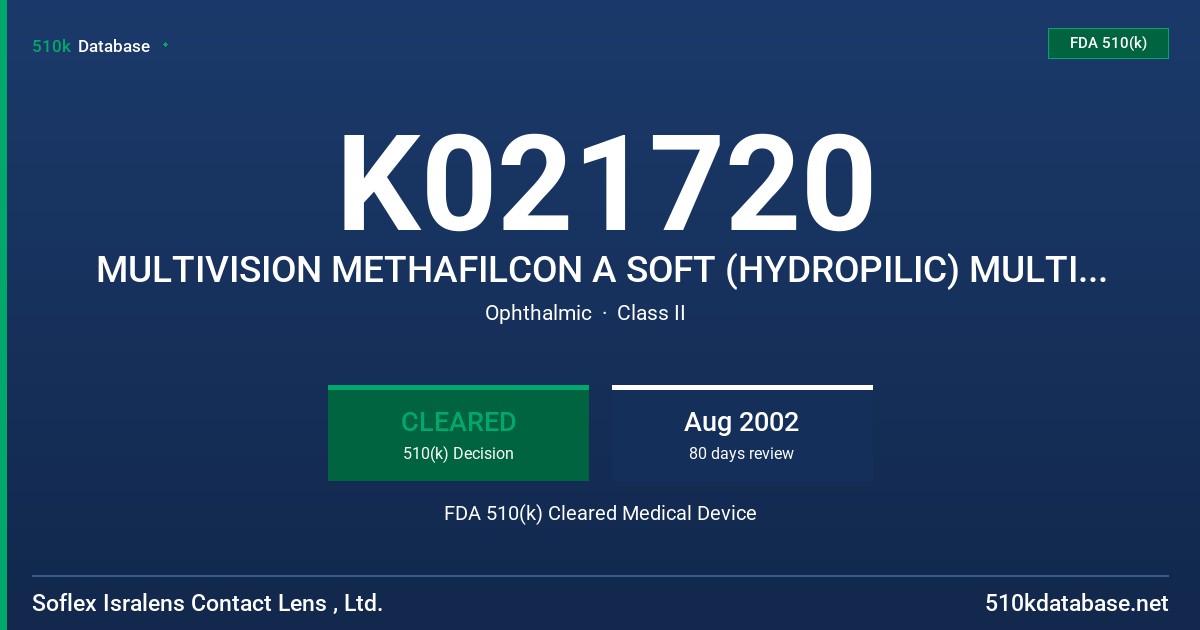 K021720 MULTIVISION METHAFILCON A SOFT (HYDROPILIC) MULTIFOCAL LENS FOR DAILY WEAR FDA 510(k) Cleared Medical Device