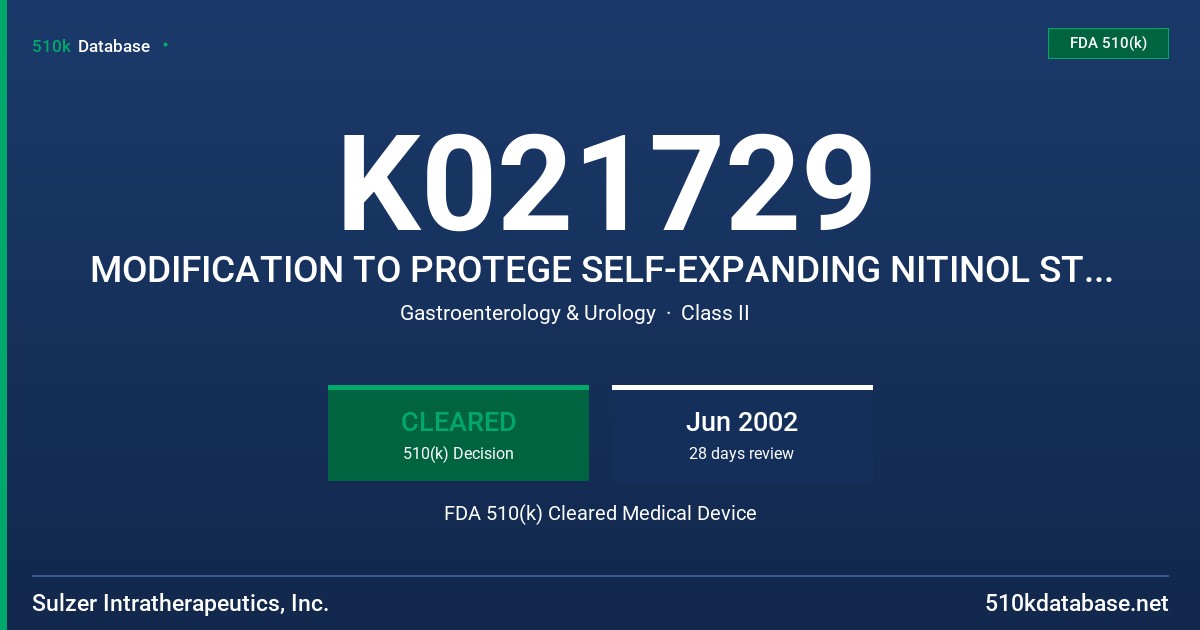 K021729 MODIFICATION TO PROTEGE SELF-EXPANDING NITINOL STENT WITH STARPORT DELIVERY TECHNOLOGY FDA 510(k) Cleared Medical Device