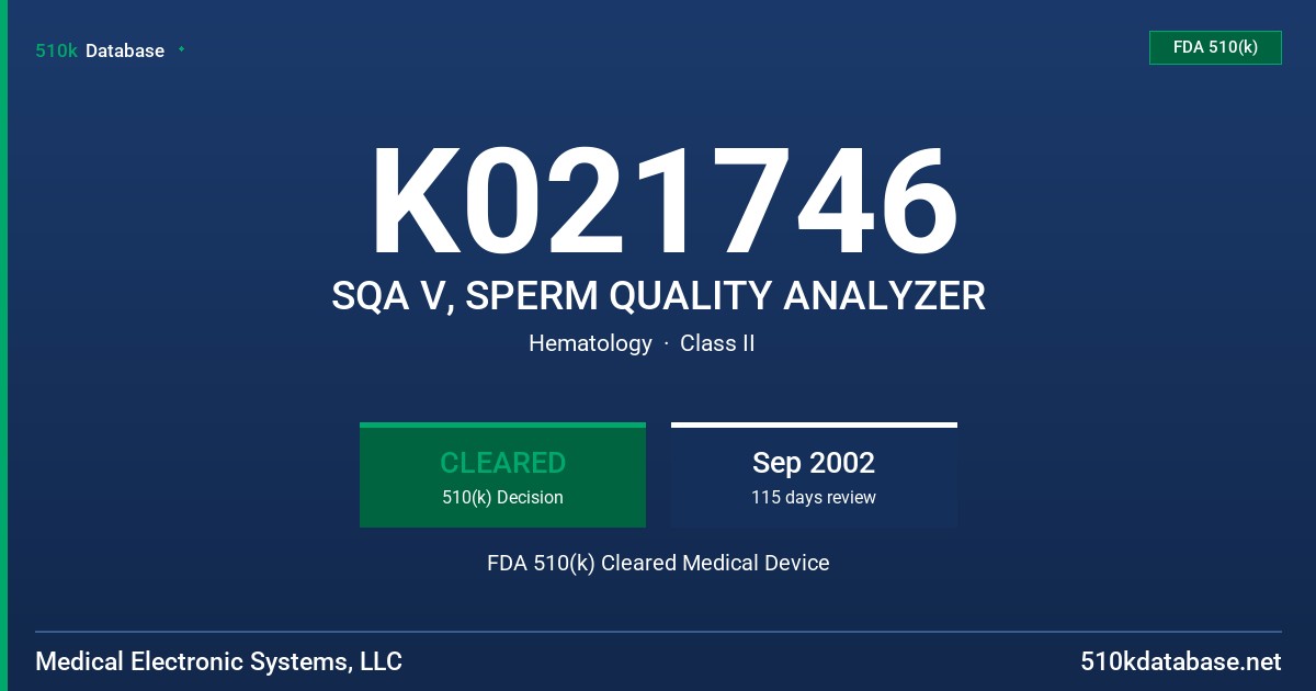 K021746 SQA V, SPERM QUALITY ANALYZER FDA 510(k) Cleared Medical Device