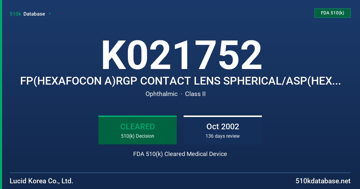 K021752 FP(HEXAFOCON A)RGP CONTACT LENS SPHERICAL/ASP(HEXAFOCON A)RGP CONTACT LENS ASPHERICAL FDA 510(k) Cleared Medical Device