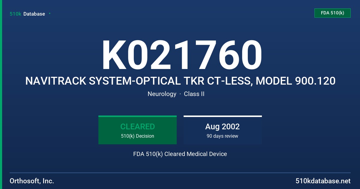 K021760 NAVITRACK SYSTEM-OPTICAL TKR CT-LESS, MODEL 900.120 FDA 510(k) Cleared Medical Device
