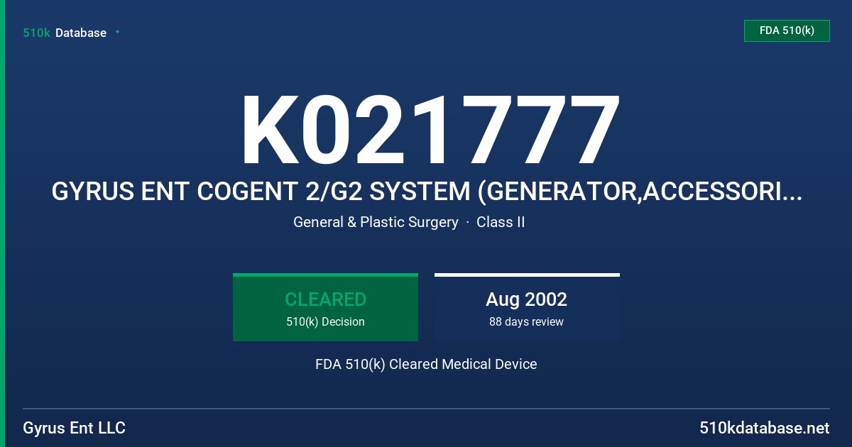 K021777 GYRUS ENT COGENT 2/G2 SYSTEM (GENERATOR,ACCESSORIES SOMNOPLASTY ELECTRODES AND PLASMACISION ELECTRODES) FDA 510(k) Cleared Medical Device