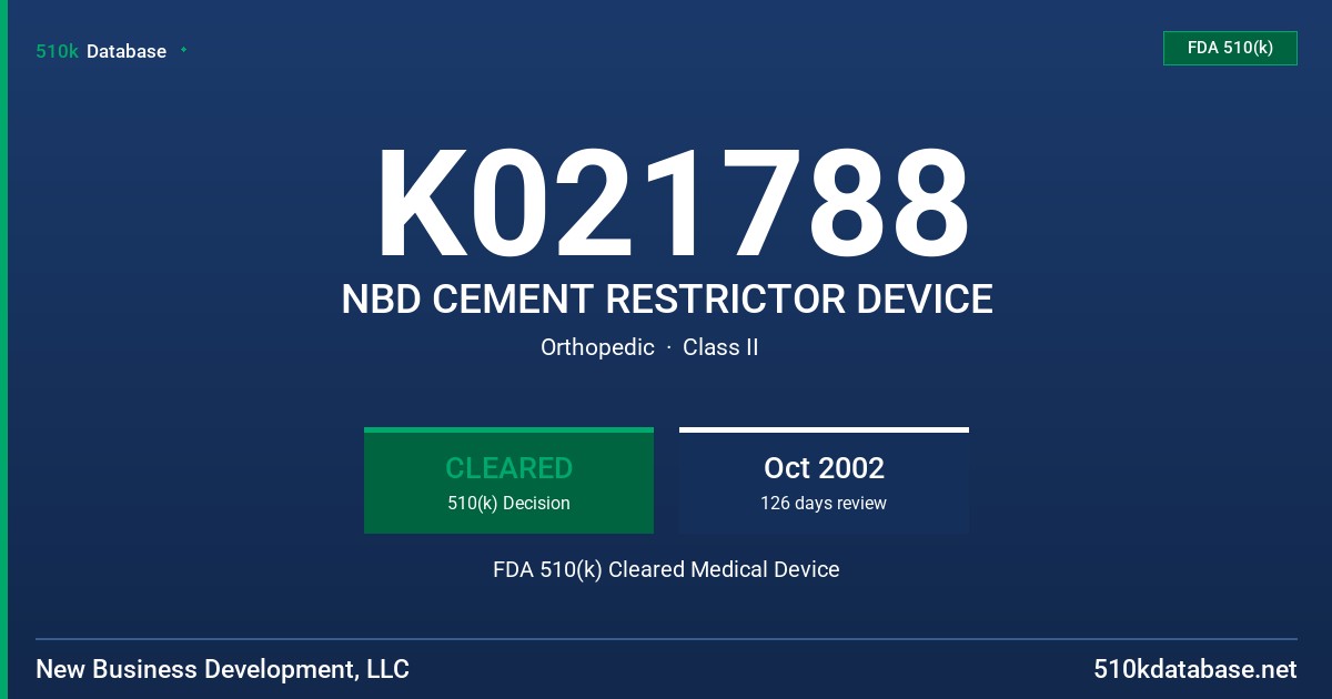 K021788 NBD CEMENT RESTRICTOR DEVICE FDA 510(k) Cleared Medical Device
