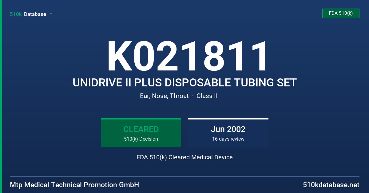 K021811 UNIDRIVE II PLUS DISPOSABLE TUBING SET FDA 510(k) Cleared Medical Device