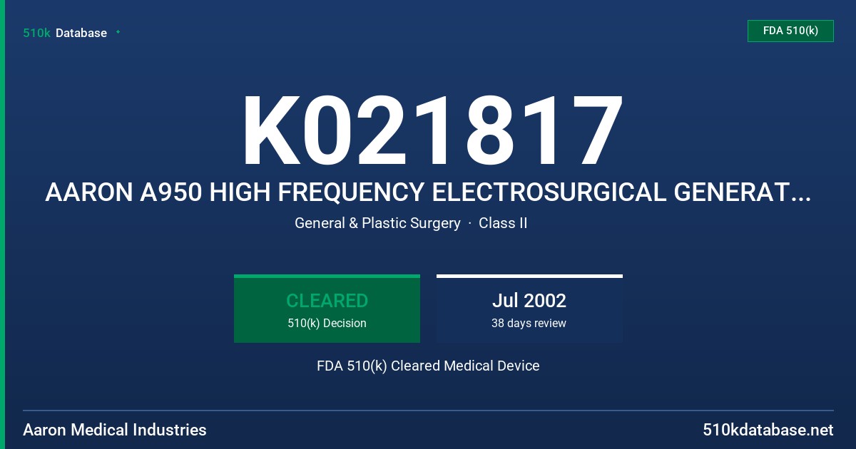 K021817 AARON A950 HIGH FREQUENCY ELECTROSURGICAL GENERATOR, AARON A950 ELECTROSURGICAL GENERATOR, 240V FDA 510(k) Cleared Medical Device