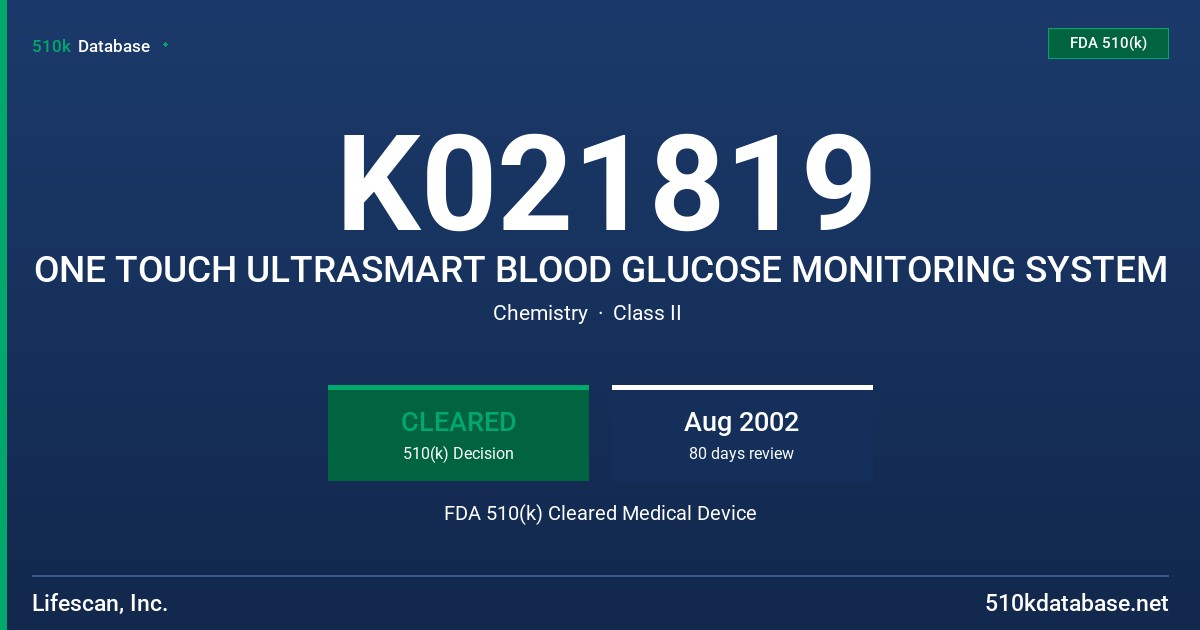 K021819 ONE TOUCH ULTRASMART BLOOD GLUCOSE MONITORING SYSTEM FDA 510(k) Cleared Medical Device