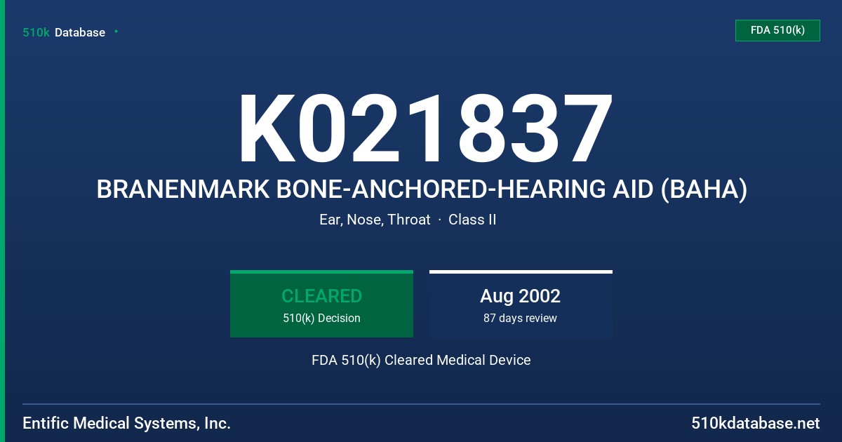 K021837 BRANENMARK BONE-ANCHORED-HEARING AID (BAHA) FDA 510(k) Cleared Medical Device