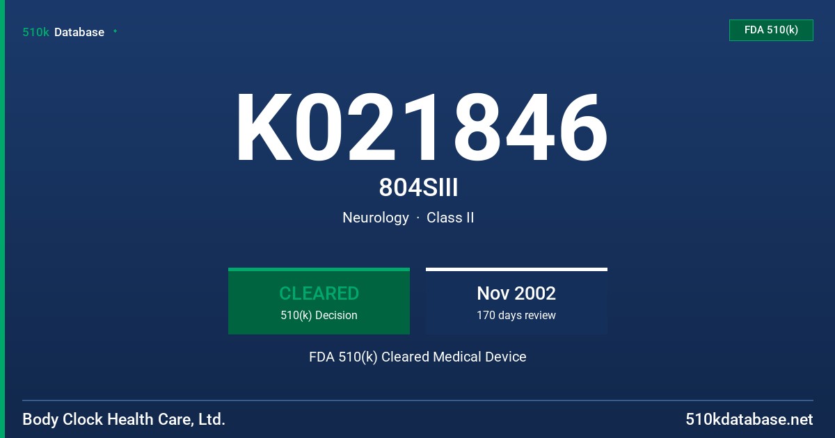 K021846 804SIII FDA 510(k) Cleared Medical Device