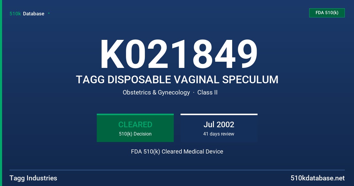 K021849 TAGG DISPOSABLE VAGINAL SPECULUM FDA 510(k) Cleared Medical Device