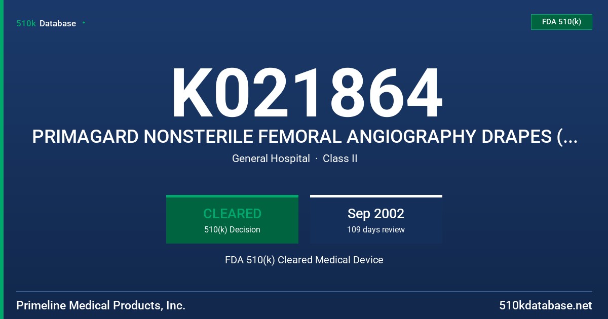 K021864 PRIMAGARD NONSTERILE FEMORAL ANGIOGRAPHY DRAPES (MODELS PM1-0136, PM1-0119, PM1-0142) FDA 510(k) Cleared Medical Device