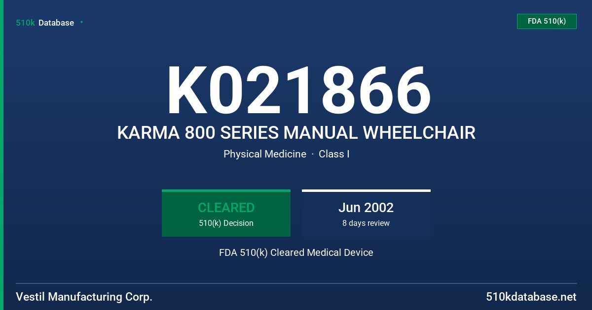 K021866 KARMA 800 SERIES MANUAL WHEELCHAIR FDA 510(k) Cleared Medical Device