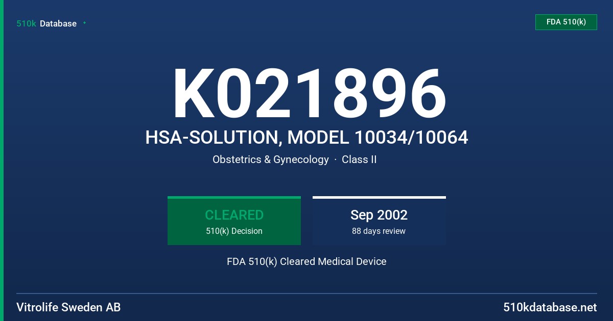 K021896 HSA-SOLUTION, MODEL 10034/10064 FDA 510(k) Cleared Medical Device