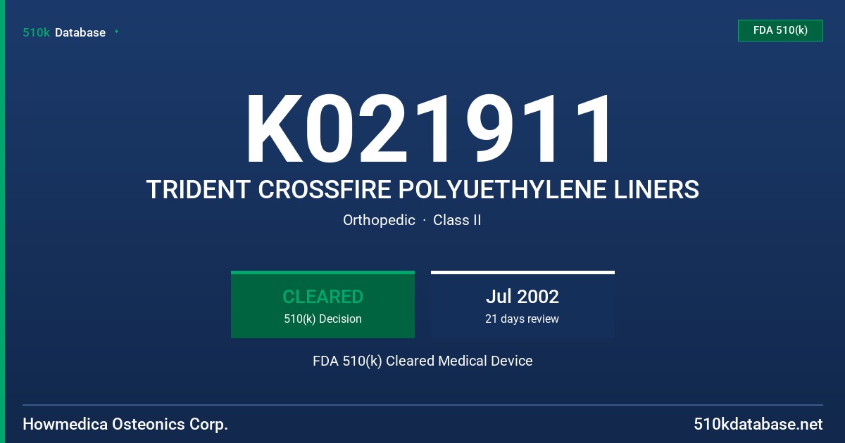 K021911 TRIDENT CROSSFIRE POLYUETHYLENE LINERS FDA 510(k) Cleared Medical Device