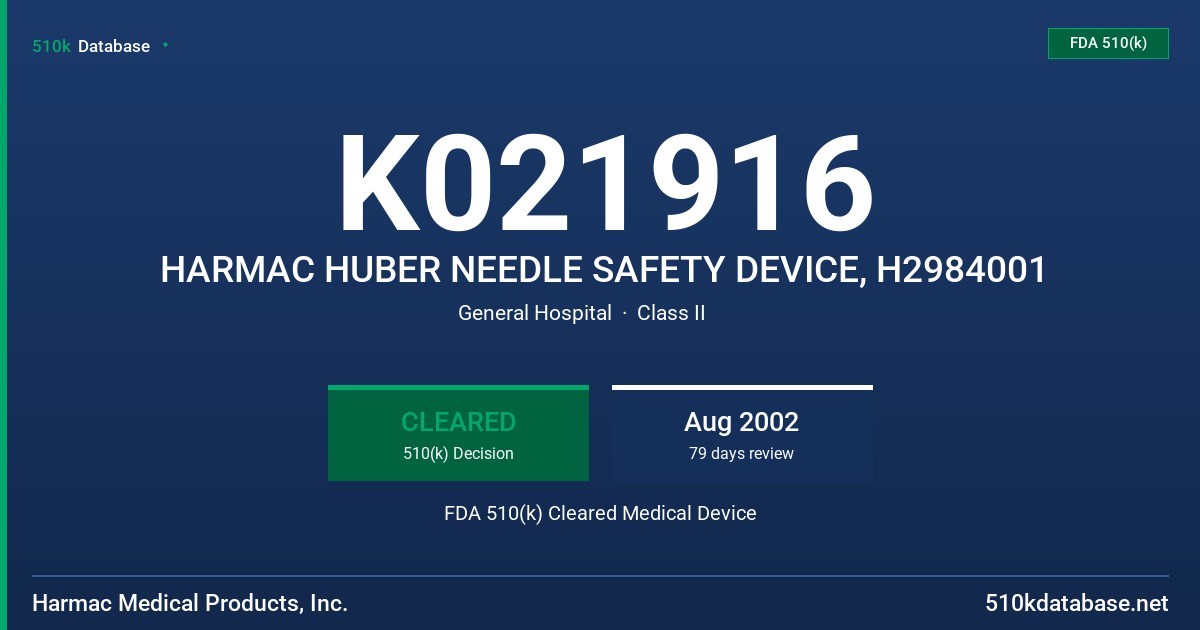 K021916 HARMAC HUBER NEEDLE SAFETY DEVICE, H2984001 FDA 510(k) Cleared Medical Device