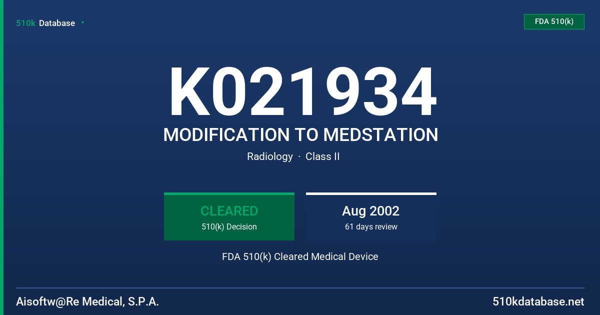 K021934 MODIFICATION TO MEDSTATION FDA 510(k) Cleared Medical Device
