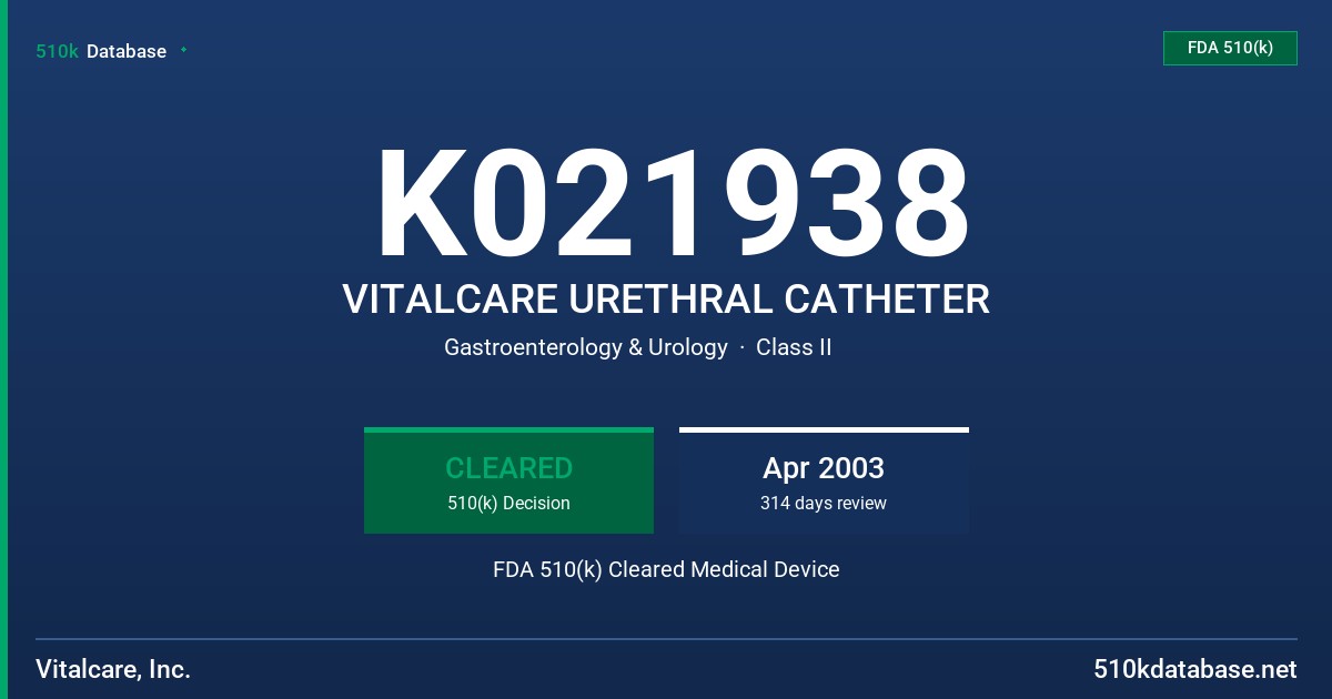 K021938 VITALCARE URETHRAL CATHETER FDA 510(k) Cleared Medical Device