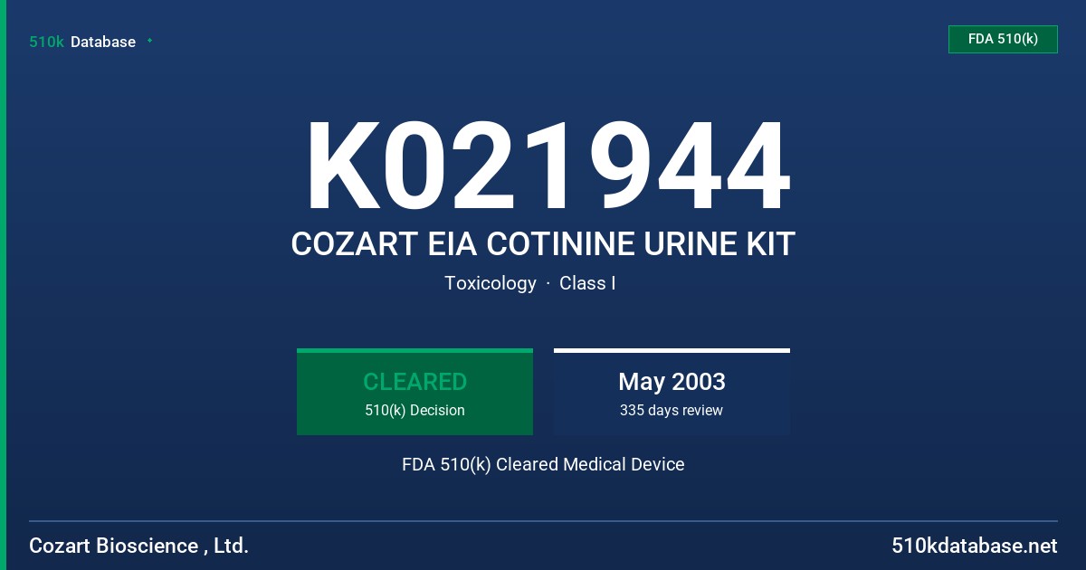 K021944 COZART EIA COTININE URINE KIT FDA 510(k) Cleared Medical Device