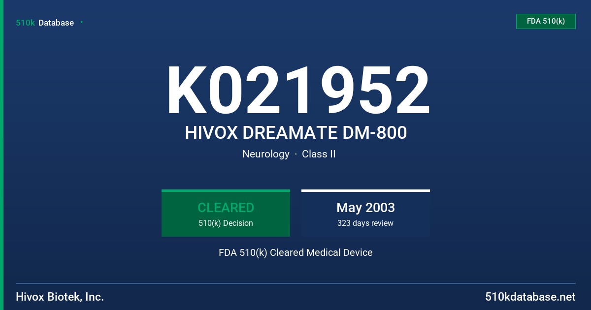 K021952 HIVOX DREAMATE DM-800 FDA 510(k) Cleared Medical Device
