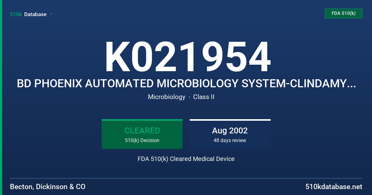 K021954 BD PHOENIX AUTOMATED MICROBIOLOGY SYSTEM-CLINDAMYCIN 0.125-8.0MCG/ML FDA 510(k) Cleared Medical Device