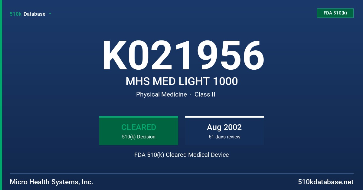 K021956 MHS MED LIGHT 1000 FDA 510(k) Cleared Medical Device