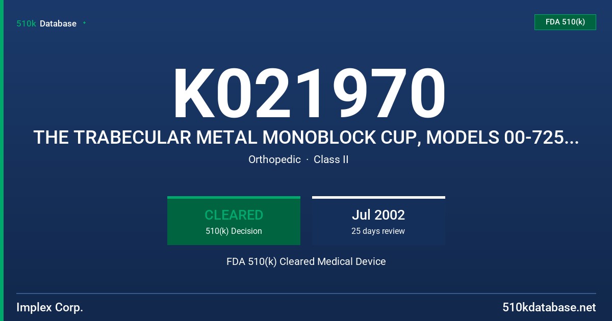 K021970 THE TRABECULAR METAL MONOBLOCK CUP, MODELS 00-7259-0XX-28 (ZIMMER CAT. #) AND 02-293-28XX1 (IMPLEX PART #) FDA 510(k) Cleared Medical Device