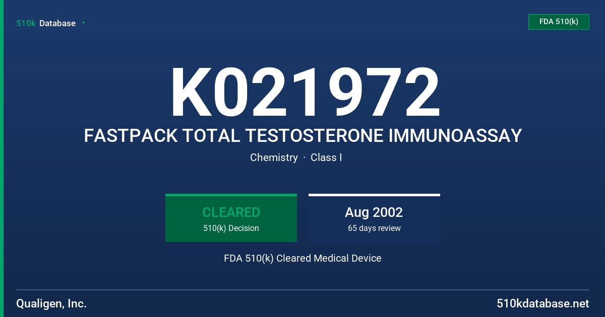 K021972 FASTPACK TOTAL TESTOSTERONE IMMUNOASSAY FDA 510(k) Cleared Medical Device