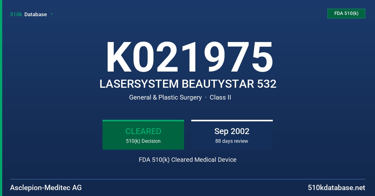 K021975 LASERSYSTEM BEAUTYSTAR 532 FDA 510(k) Cleared Medical Device