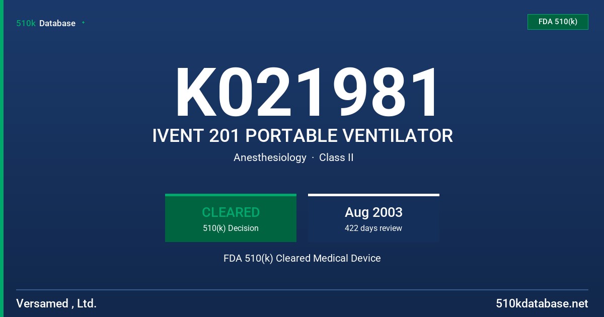 K021981 IVENT 201 PORTABLE VENTILATOR FDA 510(k) Cleared Medical Device
