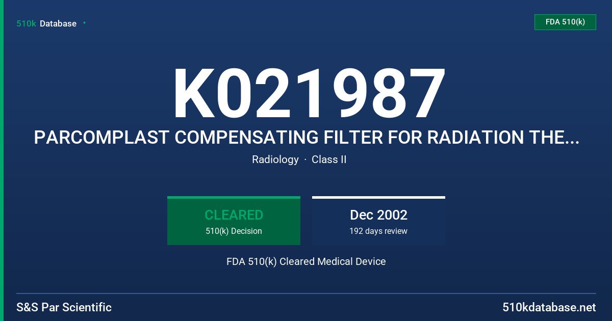 K021987 PARCOMPLAST COMPENSATING FILTER FOR RADIATION THERAPY FDA 510(k) Cleared Medical Device