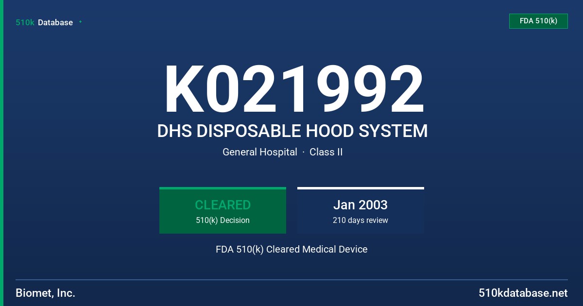 K021992 DHS DISPOSABLE HOOD SYSTEM FDA 510(k) Cleared Medical Device