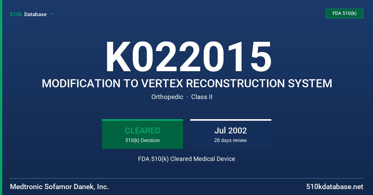 K022015 MODIFICATION TO VERTEX RECONSTRUCTION SYSTEM FDA 510(k) Cleared Medical Device
