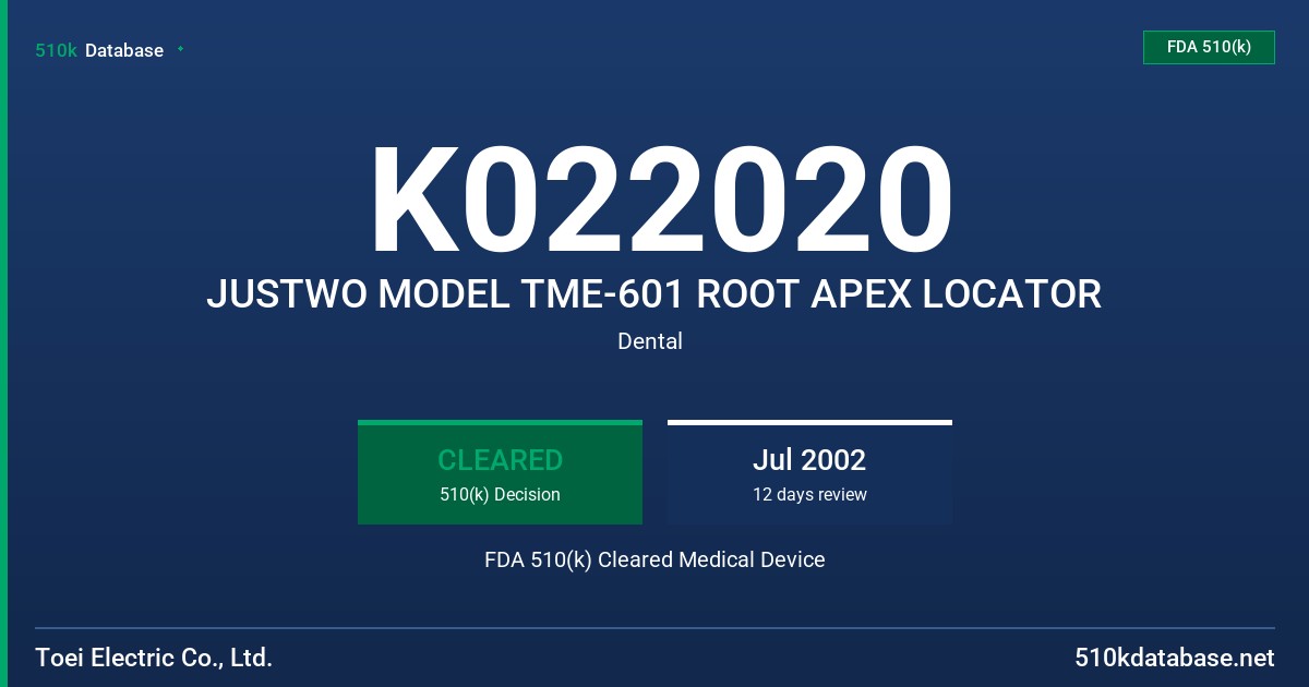 K022020 JUSTWO MODEL TME-601 ROOT APEX LOCATOR FDA 510(k) Cleared Medical Device