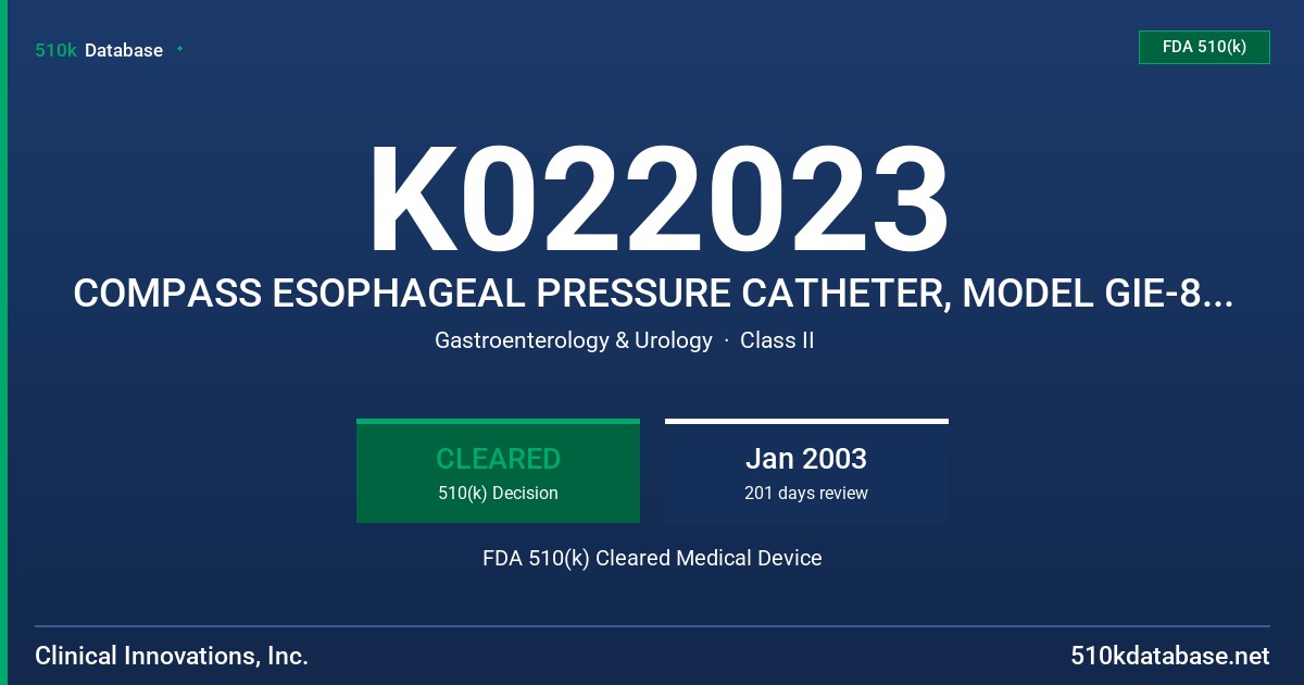 K022023 COMPASS ESOPHAGEAL PRESSURE CATHETER, MODEL GIE-8500, COMPASS ANO-RECTAL PRESSURE CATHETER, MODEL GIA-8500 FDA 510(k) Cleared Medical Device