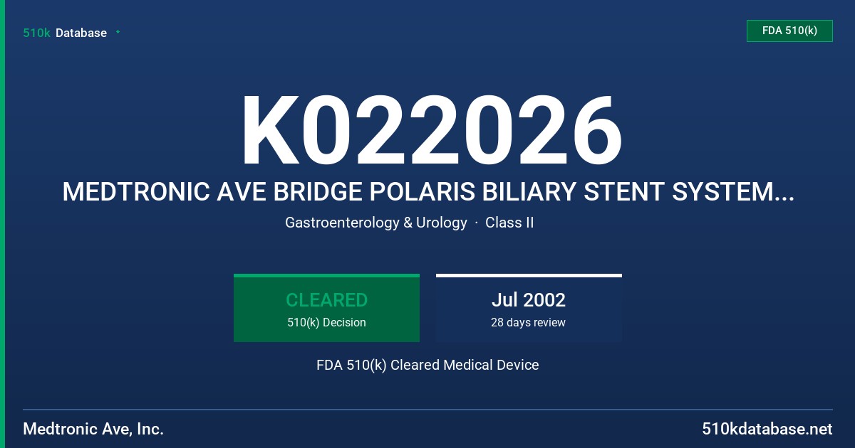 K022026 MEDTRONIC AVE BRIDGE POLARIS BILIARY STENT SYSTEM (POLARIS) FDA 510(k) Cleared Medical Device