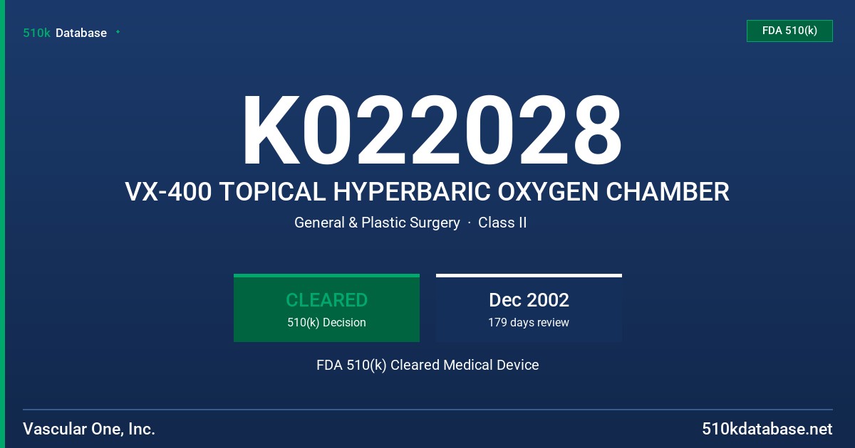 K022028 VX-400 TOPICAL HYPERBARIC OXYGEN CHAMBER FDA 510(k) Cleared Medical Device