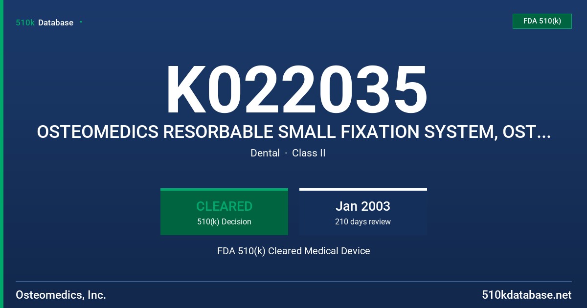 K022035 OSTEOMEDICS RESORBABLE SMALL FIXATION SYSTEM, OSTEOSORB FDA 510(k) Cleared Medical Device