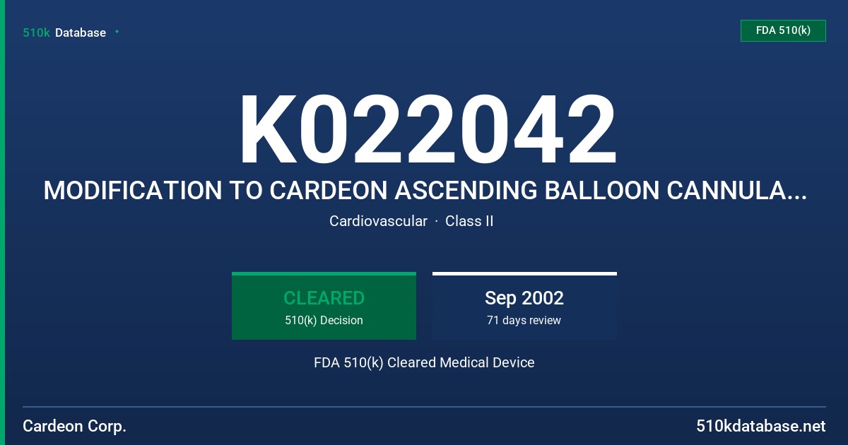 K022042 MODIFICATION TO CARDEON ASCENDING BALLOON CANNULA (ABC) FDA 510(k) Cleared Medical Device