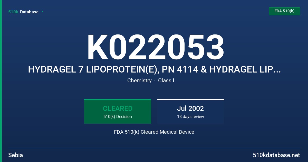 K022053 HYDRAGEL 7 LIPOPROTEIN(E), PN 4114 & HYDRAGEL LIPOPROTEIN(E) 15/30 PN 4134 FDA 510(k) Cleared Medical Device