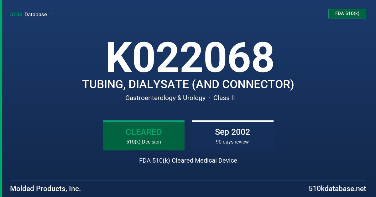 K022068 TUBING, DIALYSATE (AND CONNECTOR) FDA 510(k) Cleared Medical Device