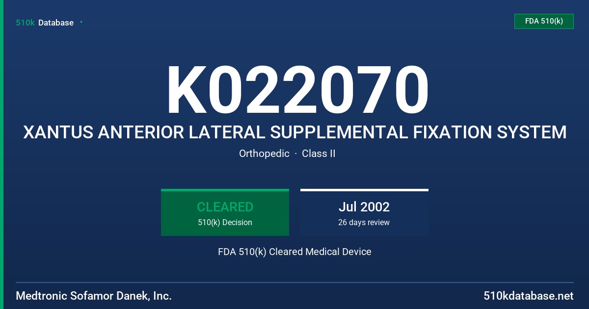 K022070 XANTUS ANTERIOR LATERAL SUPPLEMENTAL FIXATION SYSTEM FDA 510(k) Cleared Medical Device
