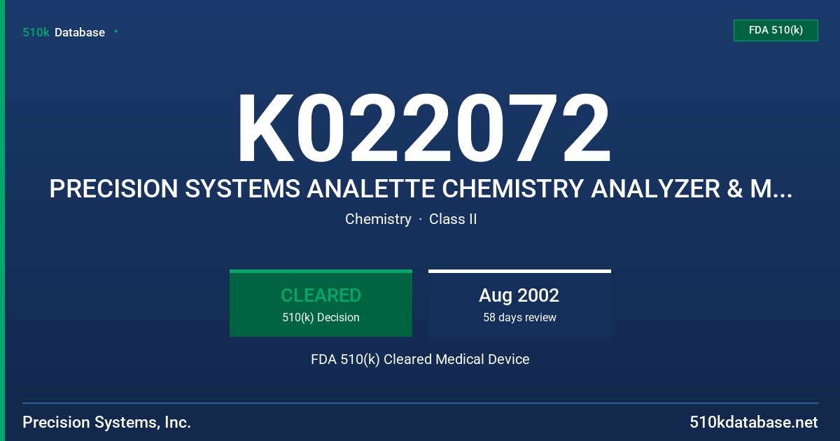 K022072 PRECISION SYSTEMS ANALETTE CHEMISTRY ANALYZER & MEDICAL ANALYSIS SYSTEMS REAGENTS FDA 510(k) Cleared Medical Device